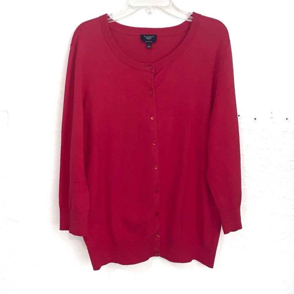 Talbots Cardigan Sweater Womens Large Petite Red Button Front 3/4 Sleeve Pima